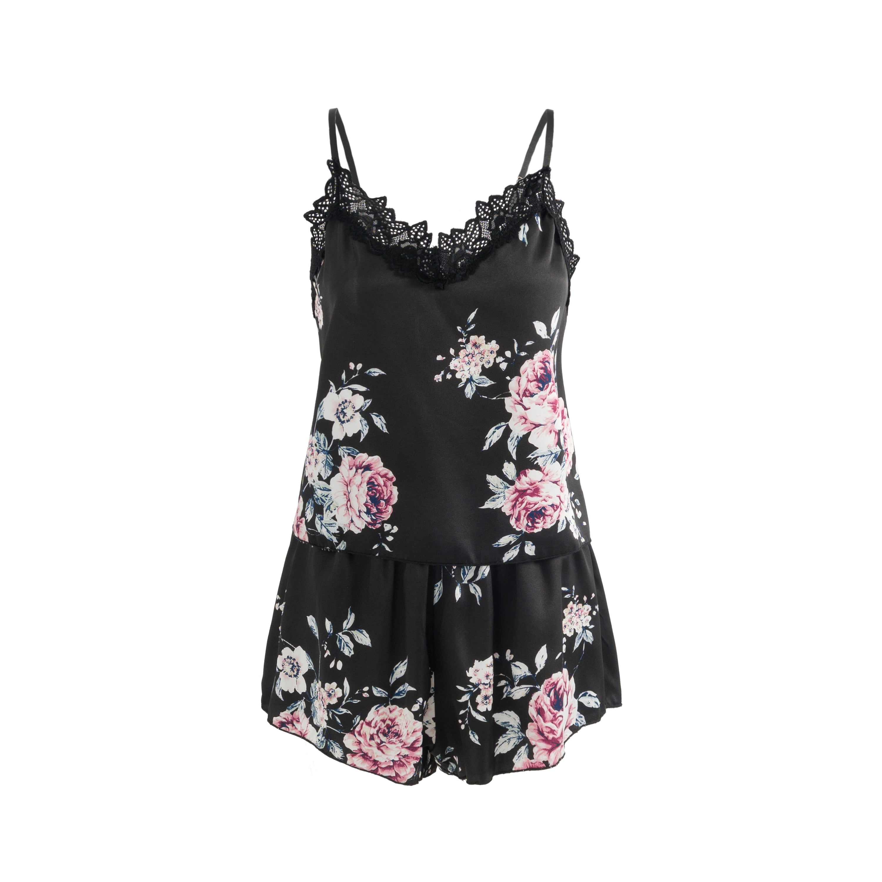Black Floral Satin Two-Piece Sleepwear Set with Lace-Trim Cami Top and  Shorts – Sinselier