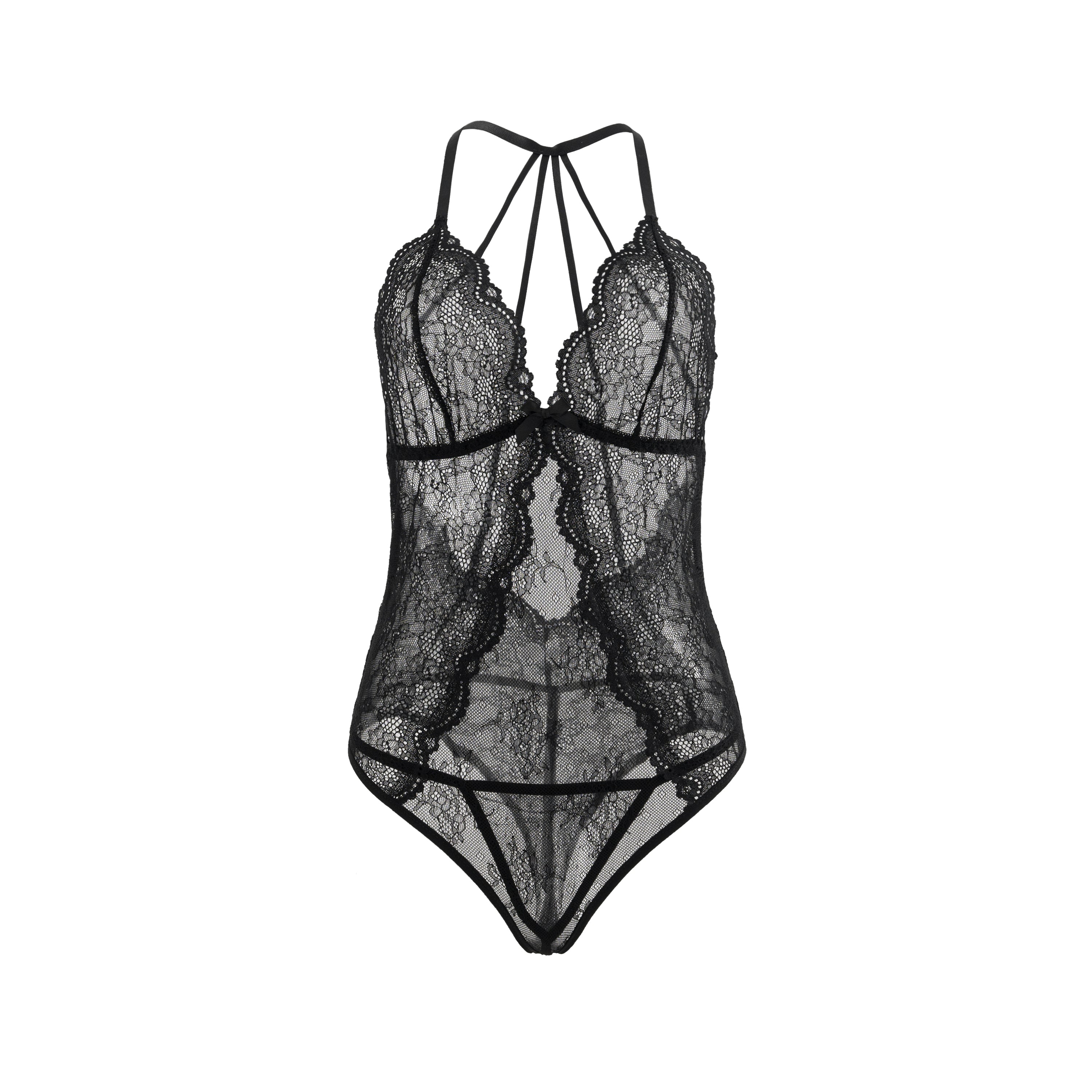 Black Sheer Lace Bodysuit with Matching Thong — Strappy Back, Deep
