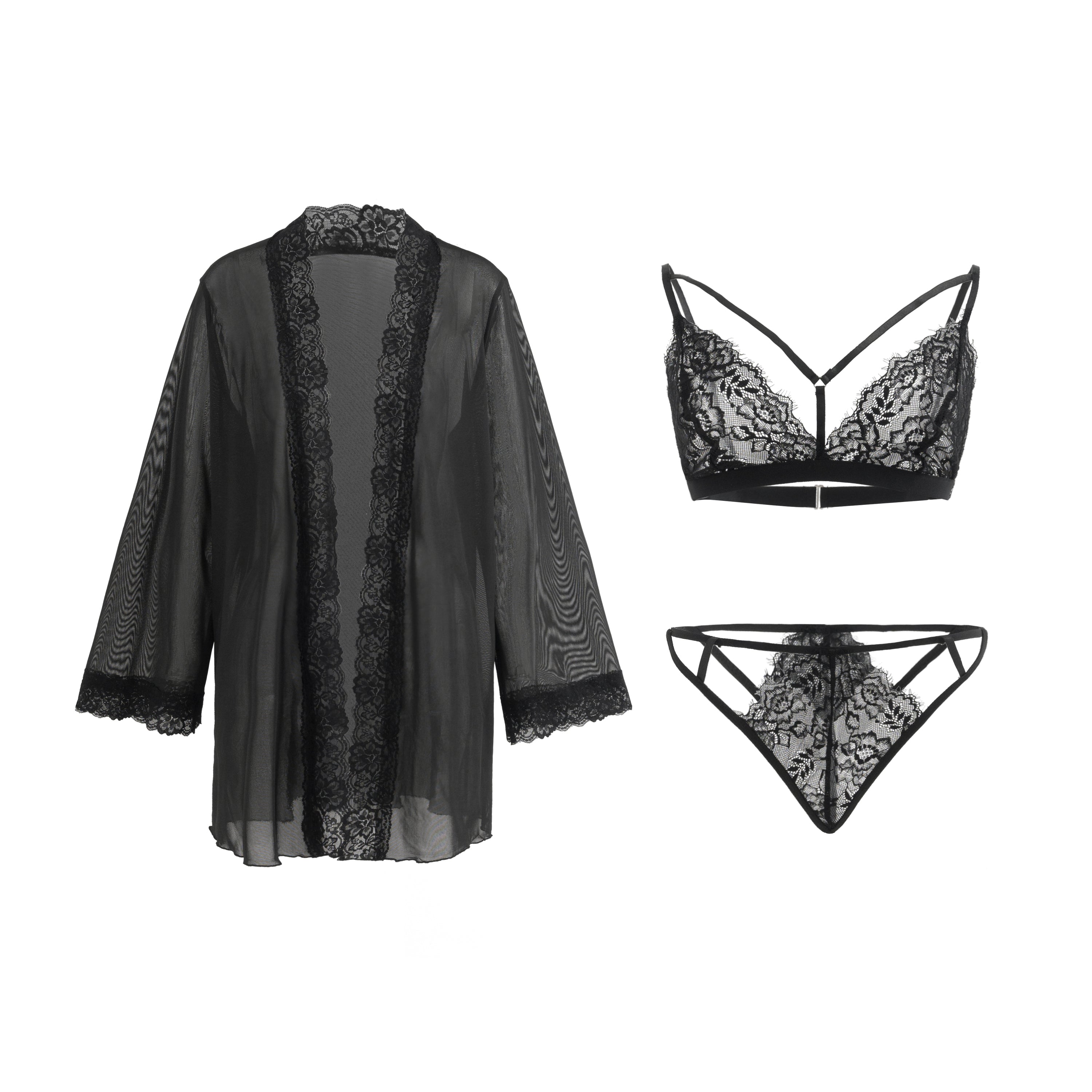 Three-Piece Black Lace Lingerie Set