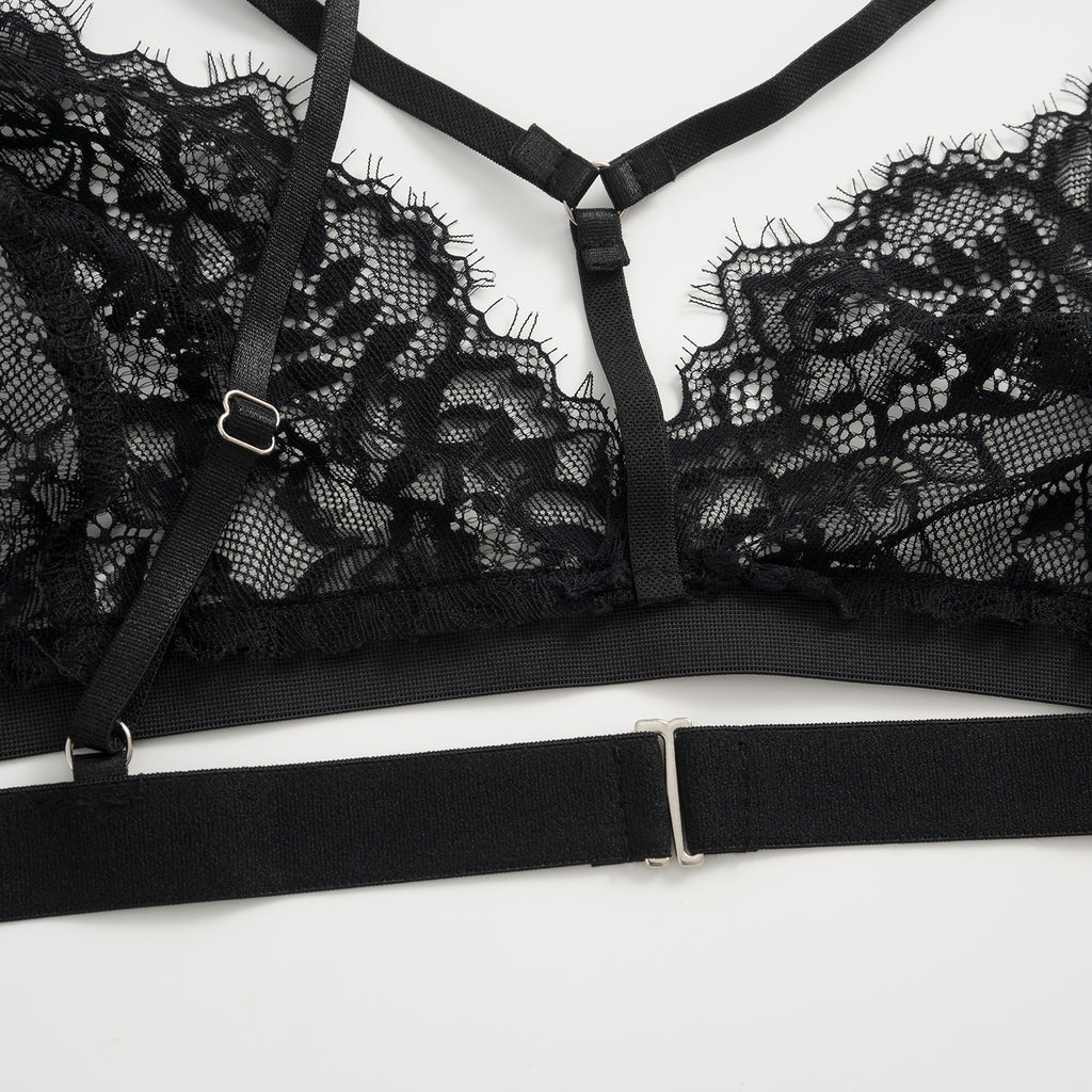 Three-Piece Black Lace Lingerie Set