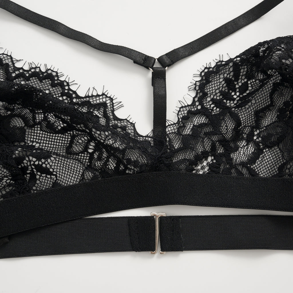 Three-Piece Black Lace Lingerie Set