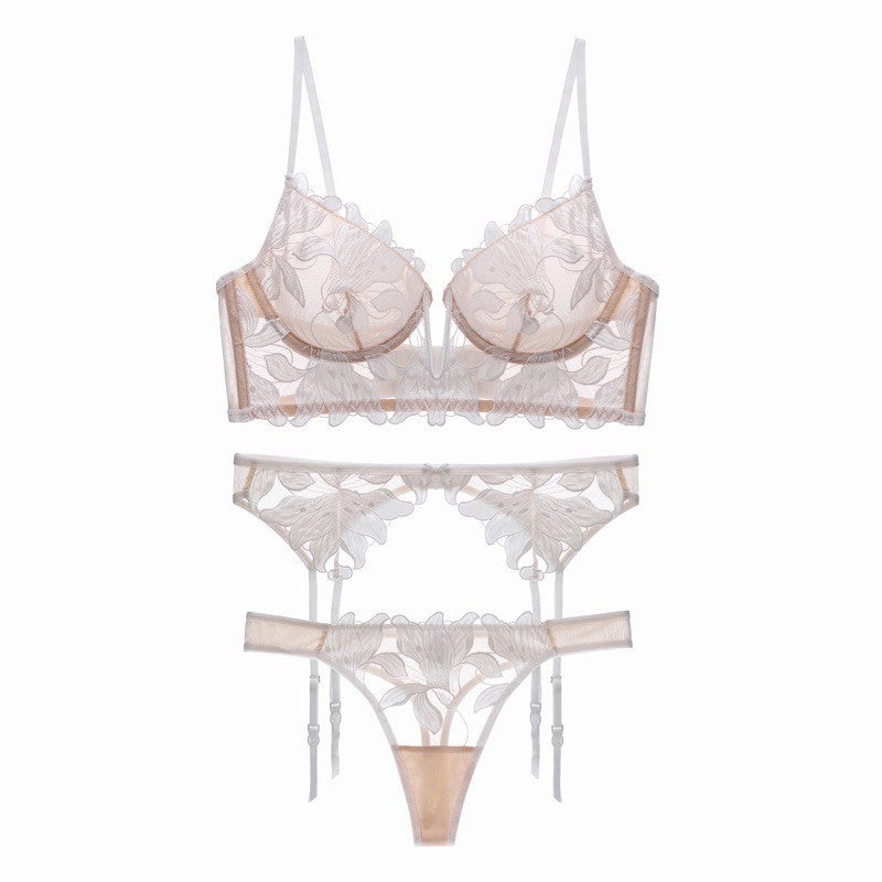 French sexy underwear ultra-thin deep V mesh embroidered lace bra big chest small anti-sagging bra three-piece set