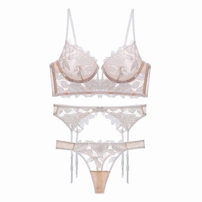 French sexy underwear ultra-thin deep V mesh embroidered lace bra big chest small anti-sagging bra three-piece set