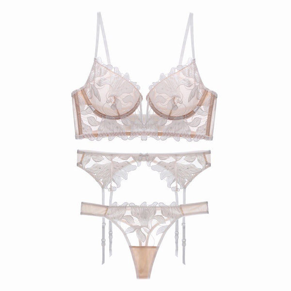 French sexy underwear ultra-thin deep V mesh embroidered lace bra big chest small anti-sagging bra three-piece set