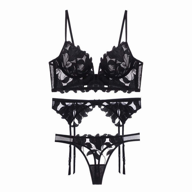 French sexy underwear ultra-thin deep V mesh embroidered lace bra big chest small anti-sagging bra three-piece set