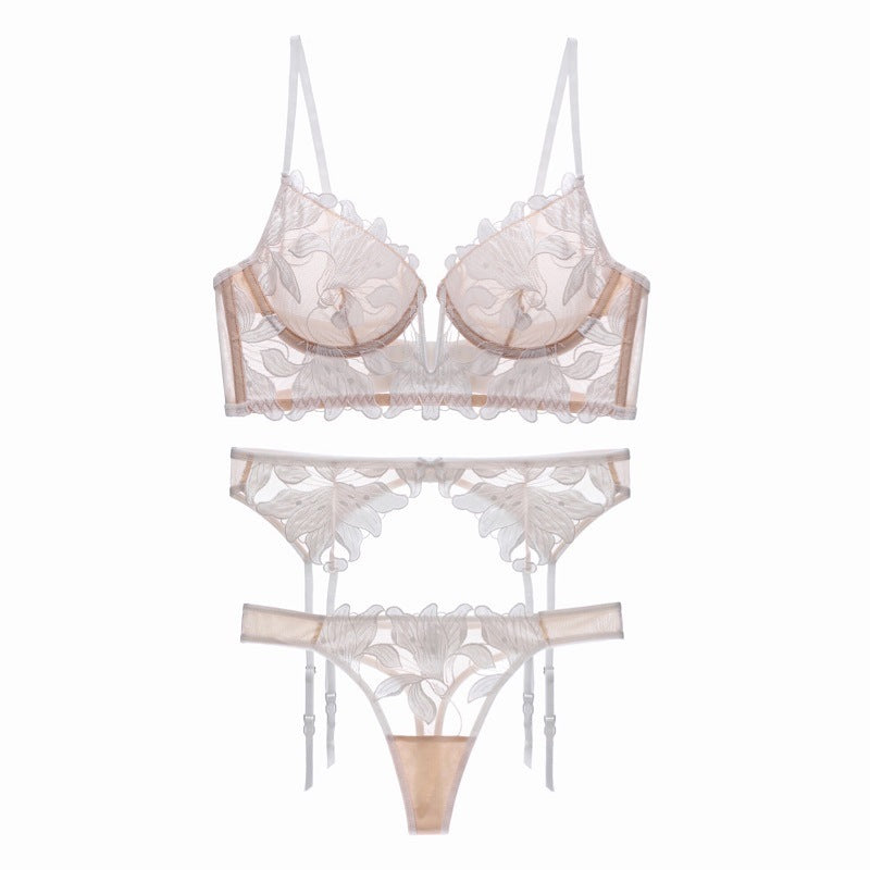 French sexy underwear ultra-thin deep V mesh embroidered lace bra big chest small anti-sagging bra three-piece set