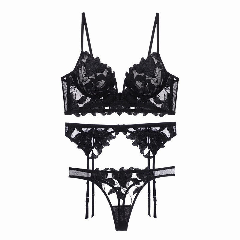French sexy underwear ultra-thin deep V mesh embroidered lace bra big chest small anti-sagging bra three-piece set