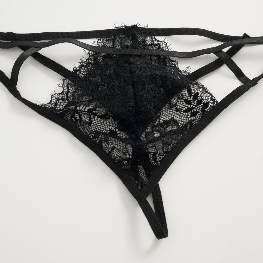 Three-Piece Black Lace Lingerie Set