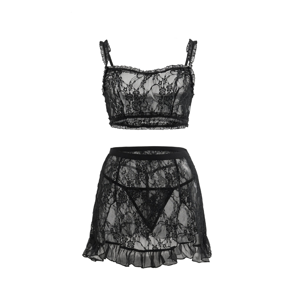 Sheer Black Lace 3-Piece Lingerie Set