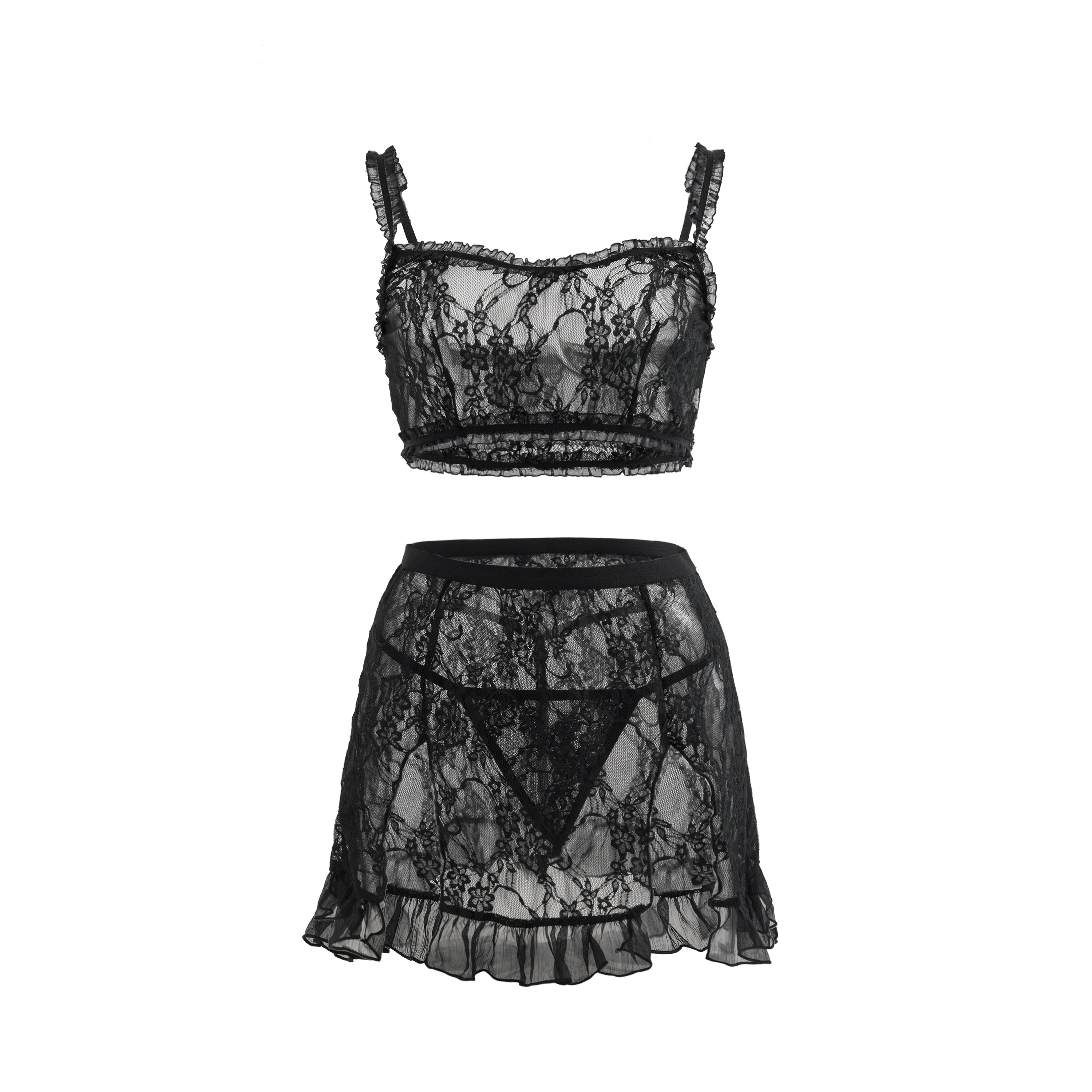 Sheer Black Lace 3-Piece Lingerie Set